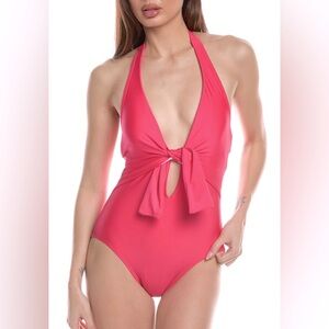 Vince Camuto Bright Pink Low Cut Halter One-Piece Swimsuit w/Gold Logo Size: 10